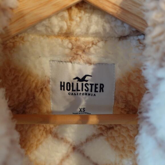 Hollister Sweater XS Tan Cream Argyle Sherpa Fleece Quarter Zip Cozy Sweatshirt - Picture 4 of 10